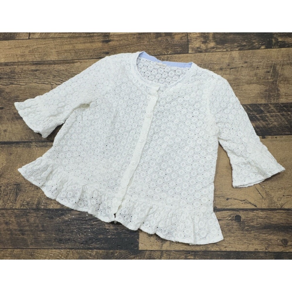 Mystree Lace Crochet Top Womens Size Small Ivory Mid Sleeve Button Up Cotton